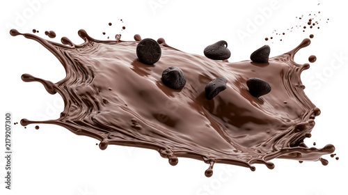 Bild auf Leinwand Dark chocolate chips splashing into liquid chocolate, isolated on transparent ba