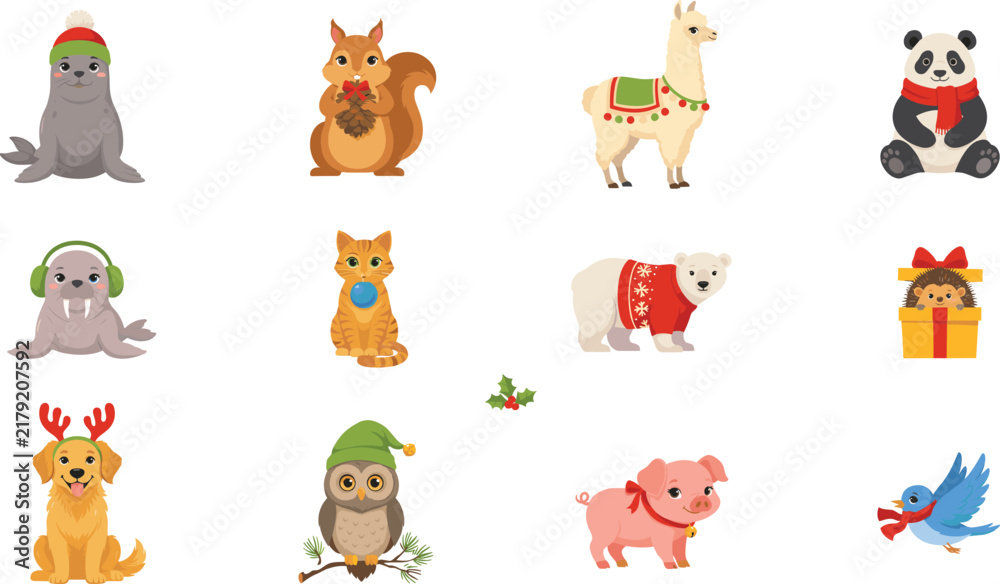 Obraz premium Cute Winter Christmas Animal Vector Character Set featuring Polar Bear, Dog, Seal, and Owl Wearing Festive Sweaters, Scarves, and Hats for Holiday Designs