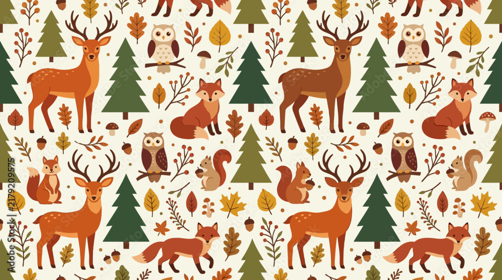 Fototapeta premium Flat vector woodland forest animals seamless pattern, deer, foxes, owls, squirrels and pine trees, cozy autumn aesthetic, clean minimal flat design style, earthy forest palette, balanced repeating com