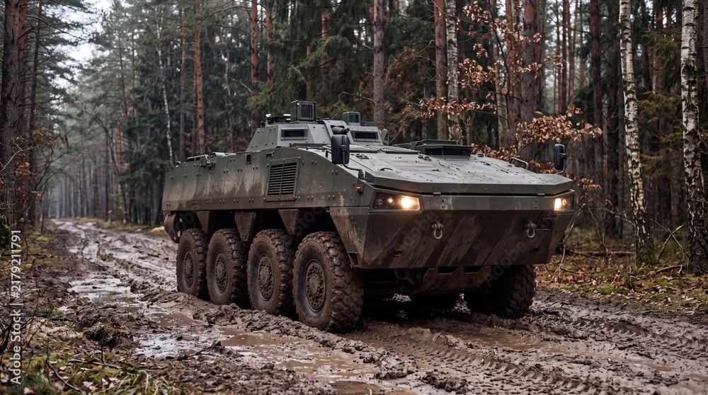 Obraz premium Armored eight-wheel military vehicle driving along a muddy off-road forest trail during tactical maneuvers.