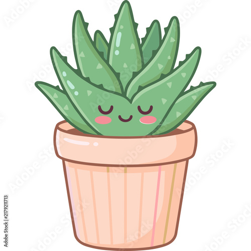 Kawaii Aloe Vera Succulent in Pink Pot Cute Smiling Cartoon Plant Illustration