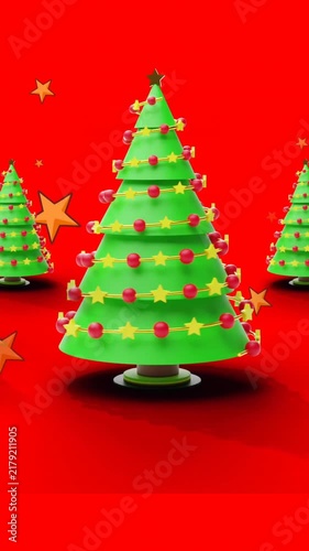 Animation of stars falling over spinning christmas tree icons against red background with copy space
