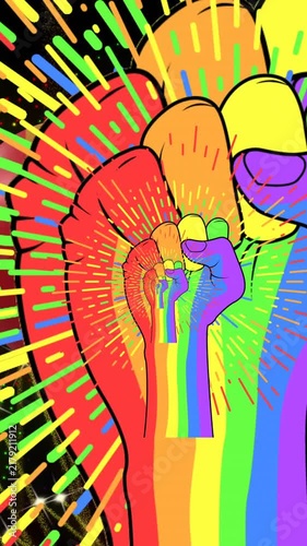 Animation of diminishing rainbow fists and radiating lines on black background