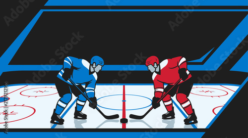 Konstfotografi Two professional hockey players in blue and red gear preparing for a face-off on