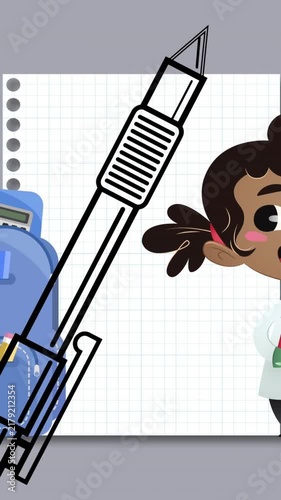 Animation of drawing of pen over school icons and female scientist on grey background