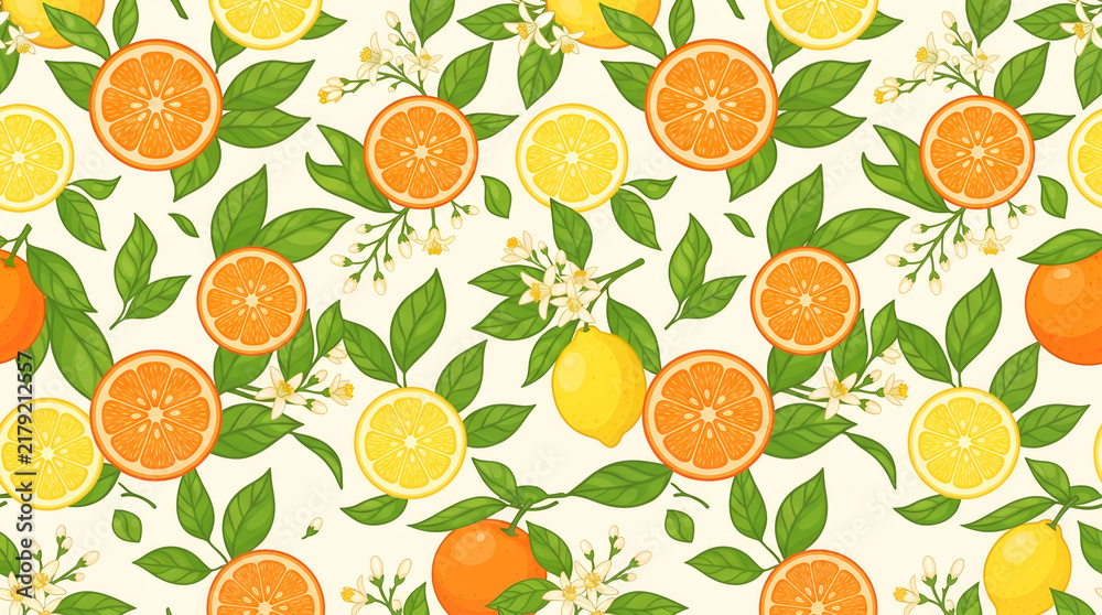 Seamless pattern of juicy sliced oranges and lemons with lush green leaves, citrus blossoms, bright summer color palette, clean vector illustration style