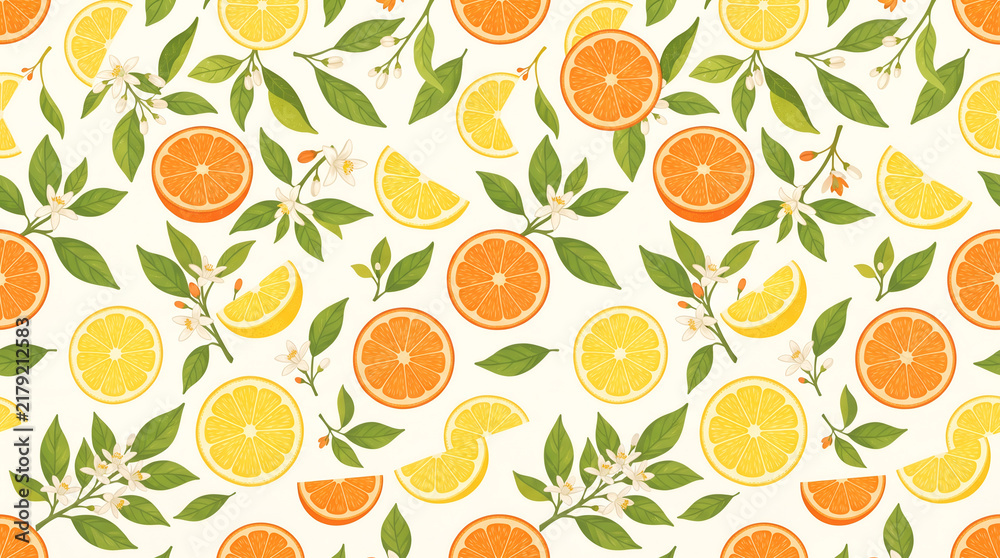 Seamless pattern of juicy sliced oranges and lemons with lush green leaves, citrus blossoms, bright summer color palette, clean vector illustration style