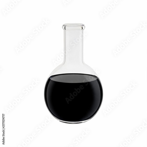 Glass round bottom flask containing dark black liquid isolated on a white studio background with fresh pressed elixir flask filled filled halfway thick