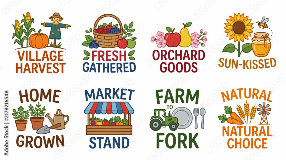 Fototapeta premium This image showcases a collection of market logos that emphasize fresh, organic produce and the charm of local farming, appealing to health-conscious consumers.