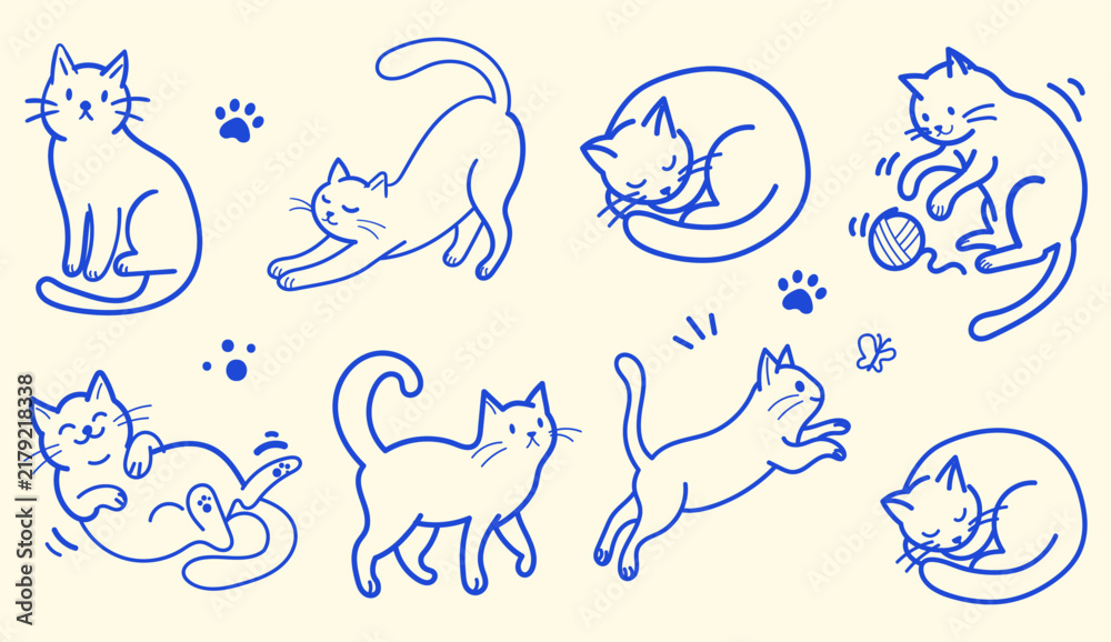 Fototapeta premium Minimalist blue line art cat collection, set of 8 hand drawn feline character vectors, cute kitten doodles for pet branding