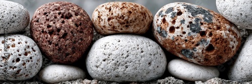 A close-up of smooth, porous stones with varied textures and earthy tones arranged in a natural pattern.