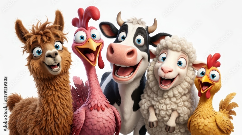 Fototapeta premium Funny Group of Happy Cartoon Farm Animals Including Cow Sheep Llama and Chickens on White Background