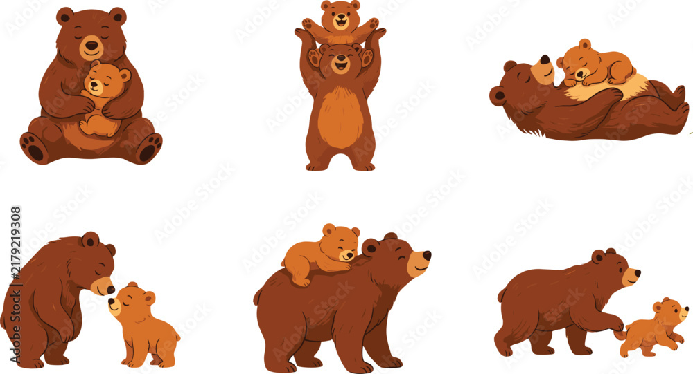 Fototapeta premium Cute Grizzly Brown Bear Mother and Baby Cub Family Vector Illustration Set with Various Playful Poses for Mothers Day Cards Nursery Decor and Sticker Graphic Designs
