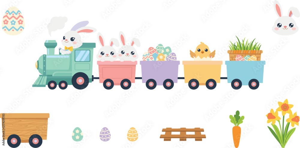 Fototapeta premium Cute Easter Train Vector Set with Kawaii Bunny Rabbit, Baby Chick, Colorful Painted Eggs, Spring Flowers, and Carrots for Holiday Greeting Card Designs