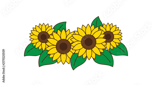 Group of Four Yellow Sunflowers with Green Leaves.