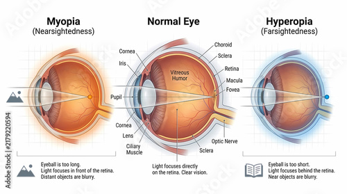 Comparison of Myopia (Nearsightedness), Normal Eye, and Hyperopia (Farsightedness).