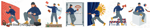 Collection of conceptual flat illustrations featuring a man overcoming obstacles, managing cybersecurity, and navigating technological challenges through various metaphors.