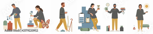Flat vector illustration set of people managing time, health, and work for a balanced and mindful lifestyle against a white background.