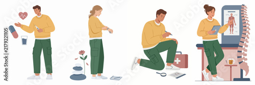 Flat vector illustrations of diverse people practicing wellness, medical first aid, anatomical study, and healthcare management for a healthy lifestyle.