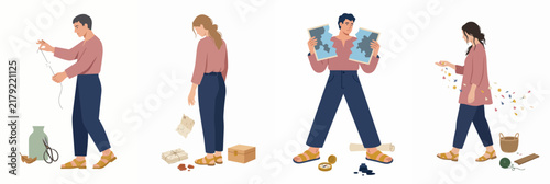 Flat vector illustration of people dealing with memories, letting go, and moving on from the past through symbolic actions like tearing maps and sowing seeds.