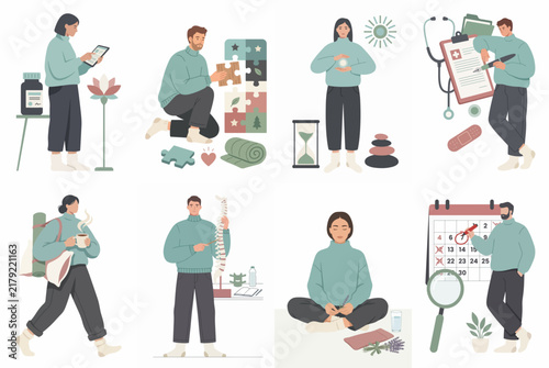 Flat illustration set of people practicing self-care, medical checkups, mental wellness, yoga, and healthy lifestyle habits for holistic well-being.