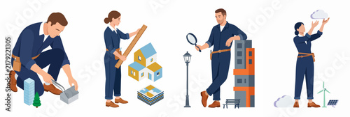 Flat illustration set of professionals building and inspecting sustainable urban models with houses, skyscrapers, renewable energy, and infrastructure.