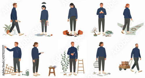 Flat Vector Illustration Set of People Engaged in Various Gardening Activities, Tools, and Situations Isolated on White Background
