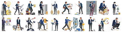 Comprehensive set of business and professional concept illustrations featuring characters in suits engaged in legal, financial, and management activities on a white background.