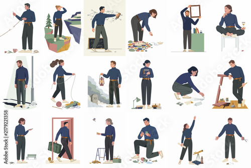 A collection of character illustrations featuring a man and a woman in various poses, activities, and emotional states for creative design projects.