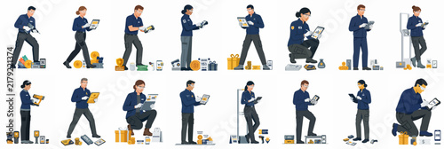 Set of diverse illustrations featuring technicians, delivery personnel, and service staff in blue uniforms with tools and devices on white background.