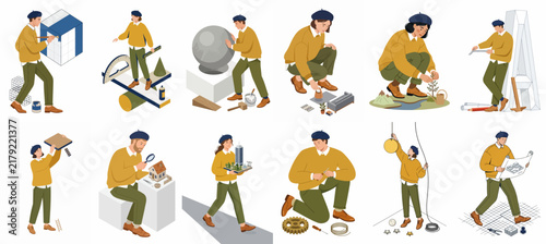 Isometric Illustration Collection of People Engaged in Creative, Architectural, Engineering, and Design Activities on a White Background
