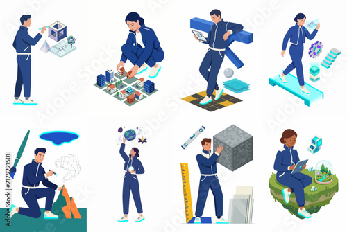 Isometric illustrations of diverse professionals engaging with futuristic technology, architecture, science, and innovation concepts for a modern digital world.