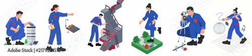 Isometric vector illustration set of industrial workers and technicians in blue overalls performing maintenance, surveying, and technical tasks on a white background.