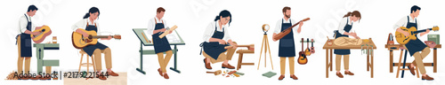 Flat vector illustrations showing skilled luthiers in aprons crafting, designing, and repairing acoustic and electric guitars in a professional workshop setting.