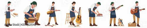 Set of flat illustrations featuring a professional luthier craftsman building, repairing, and playing acoustic guitars in various poses isolated on a white background.