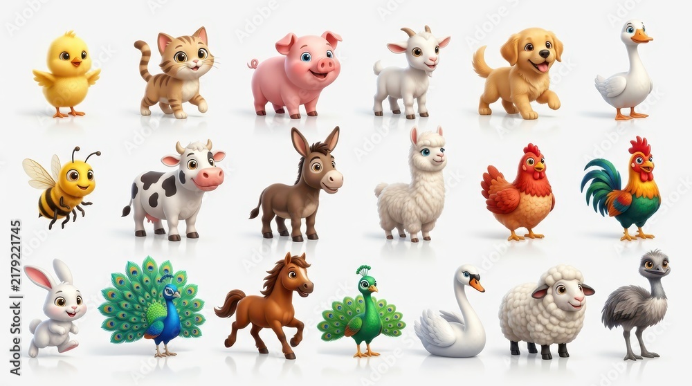 Fototapeta premium Collection of 18 Cute 3D Cartoon Farm Animals and Pets Isolated on White Background for Childrens Educational Design