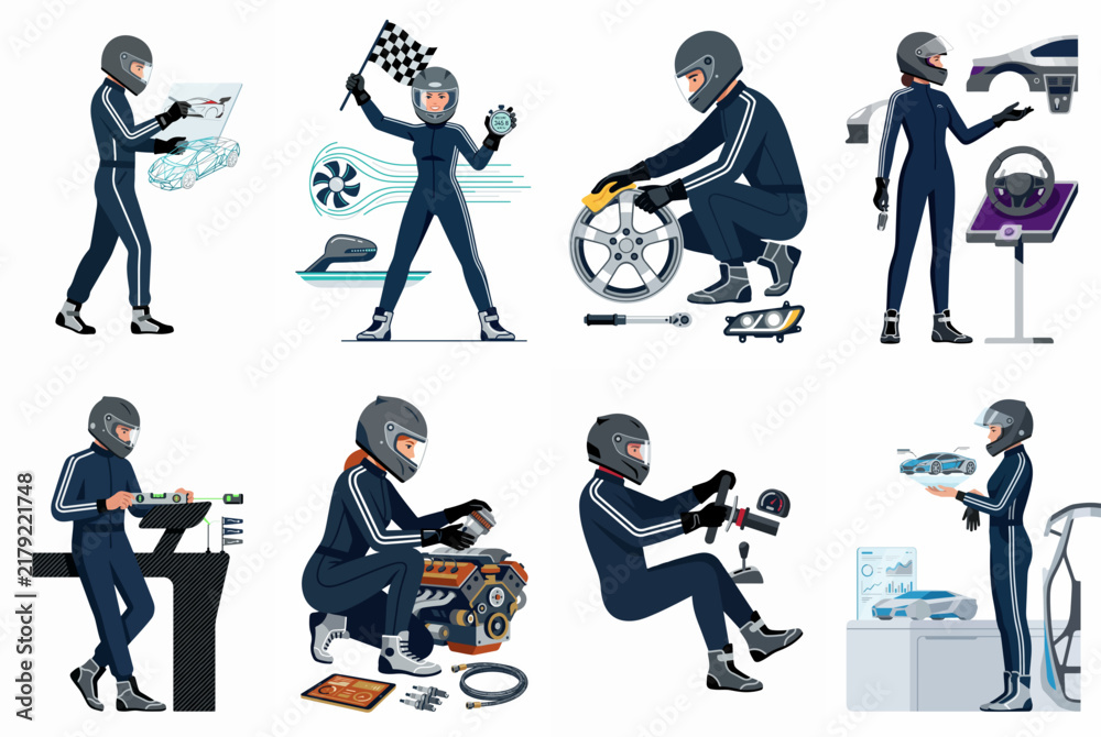 Obraz premium Collection of various illustrations of a professional racing driver in a blue suit, performing tasks related to motorsports, engineering, and competition.