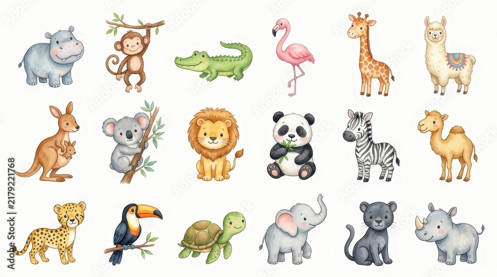 Fototapeta premium Cute Watercolor Safari and Jungle Animal Collection Set for Kids - Lion, Elephant, Giraffe, Panda, and More Illustrations