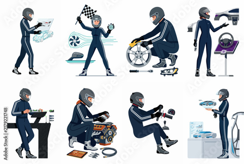 Collection of various illustrations of a professional racing driver in a blue suit, performing tasks related to motorsports, engineering, and competition.