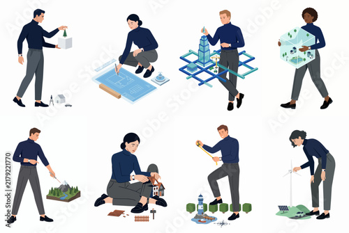 Diverse Professionals Designing Sustainable Urban Environments and Landscapes Isometric Vector Illustration Set