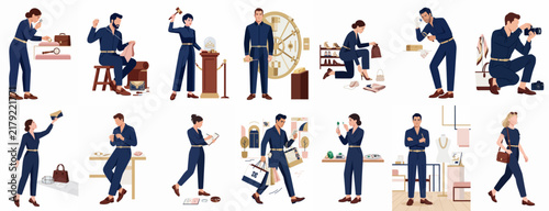 Vector illustration set featuring professional appraisers, authenticators, and staff handling luxury fashion items, accessories, and valuables in various retail and auction scenarios.