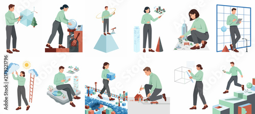 A diverse set of conceptual illustrations showcasing professionals engaged in urban planning, architectural design, data analysis, and creative problem-solving in flat design style.