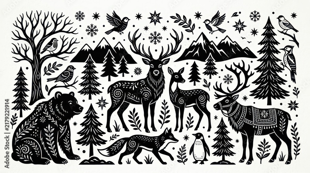 Fototapeta premium Black and White Folk Art Illustration of Winter Forest Animals Featuring Deer Bear Fox and Reindeer in a Snowy Landscape