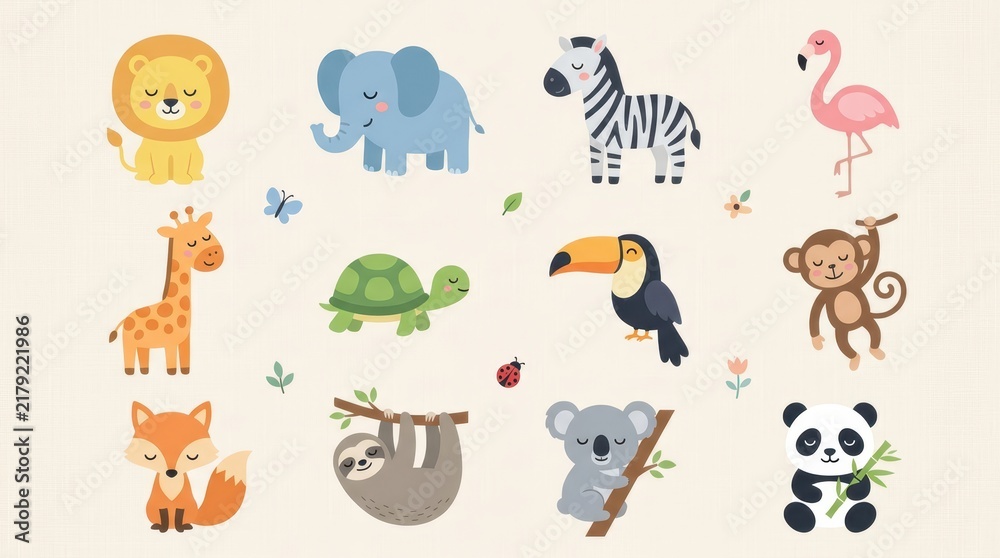 Obraz premium Cute Cartoon Safari and Jungle Animal Collection Set for Kids - Vector Illustration of Lion, Elephant, Giraffe, and More