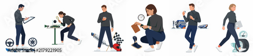 Professional characters in the automotive and racing industry performing quality control, design, and technical inspection tasks in a flat illustration style.