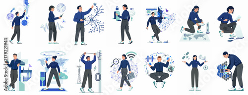 Collection of flat vector illustrations featuring professionals interacting with advanced digital technology, big data analytics, global networking, and modern communication systems.