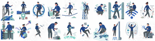 Set of vector illustrations representing various professional careers, global technology, logistics, and technical maintenance services in a flat modern style.