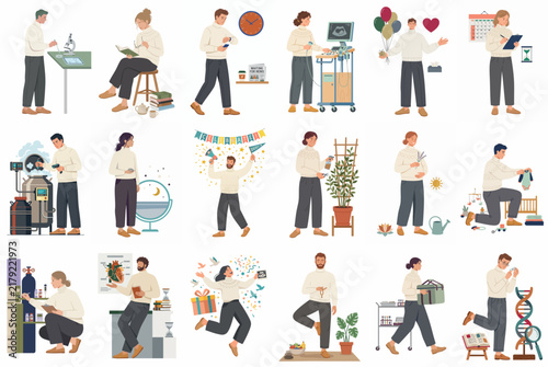 Vector Illustration Set of Diverse Characters Engaged in Various Daily Life Activities Professional Work Hobbies and Wellness Routines