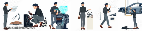 Flat Illustration of Various Stages in Automotive Design and Manufacturing Showing Engineers and Technicians Working on Vehicle Parts and Assembly.