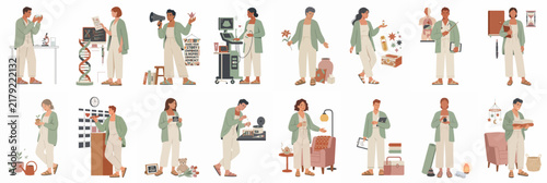 Collection of diverse professional and hobby character illustrations in a flat design style, featuring people in matching green and beige outfits performing various tasks.